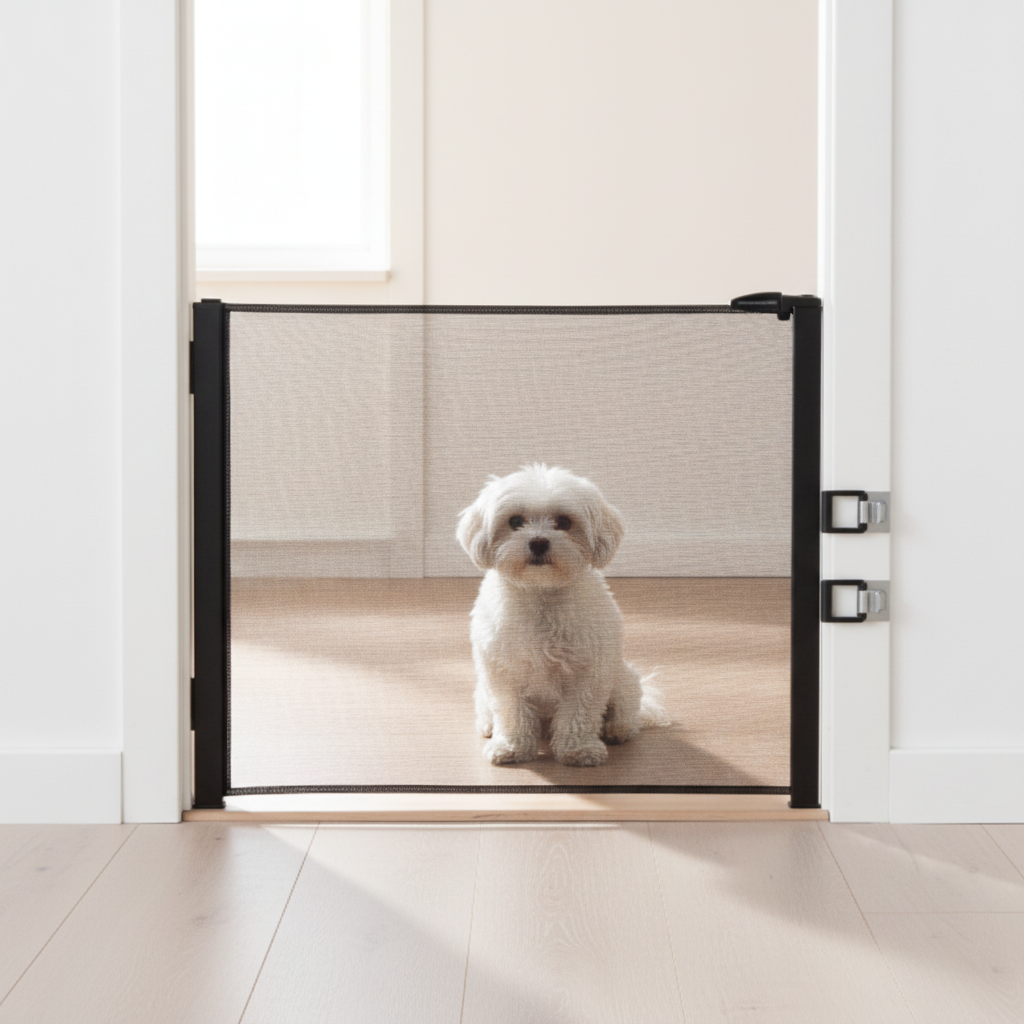Retractable Pet Safety Gate – Adjustable Mesh Barrier for Doorways, Stairs & Hallways